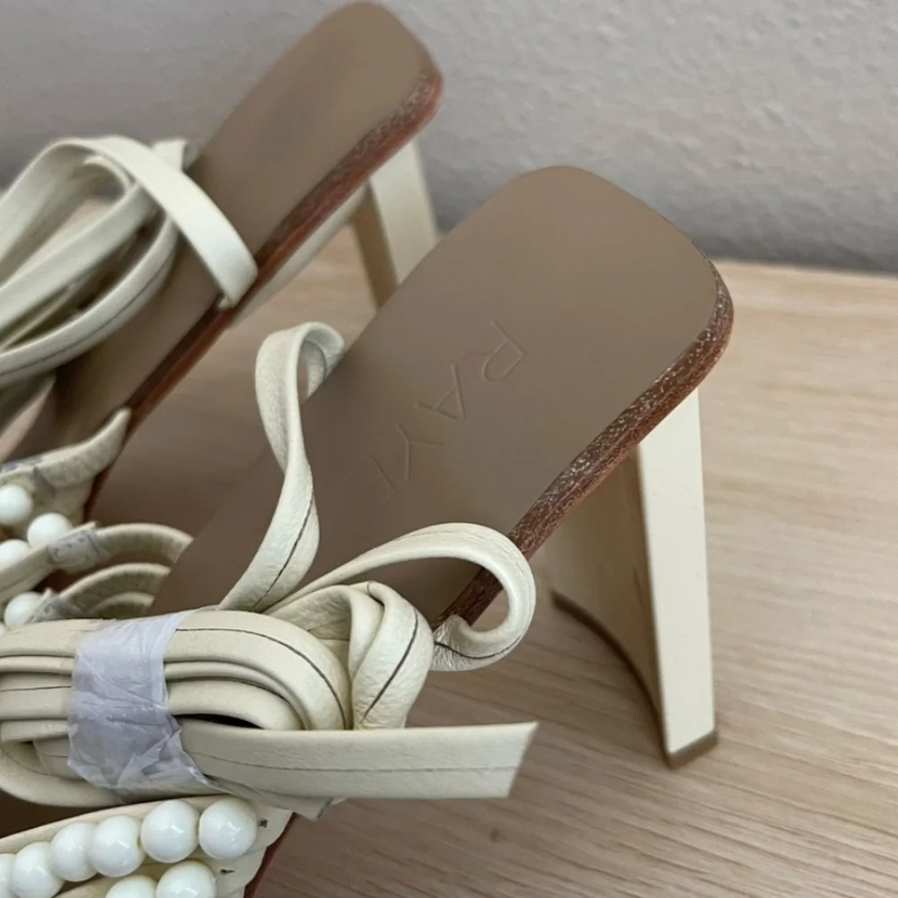 Raye Patricia Leather Ankle Wrap Beaded Heeled Sandal, 10, Ivory